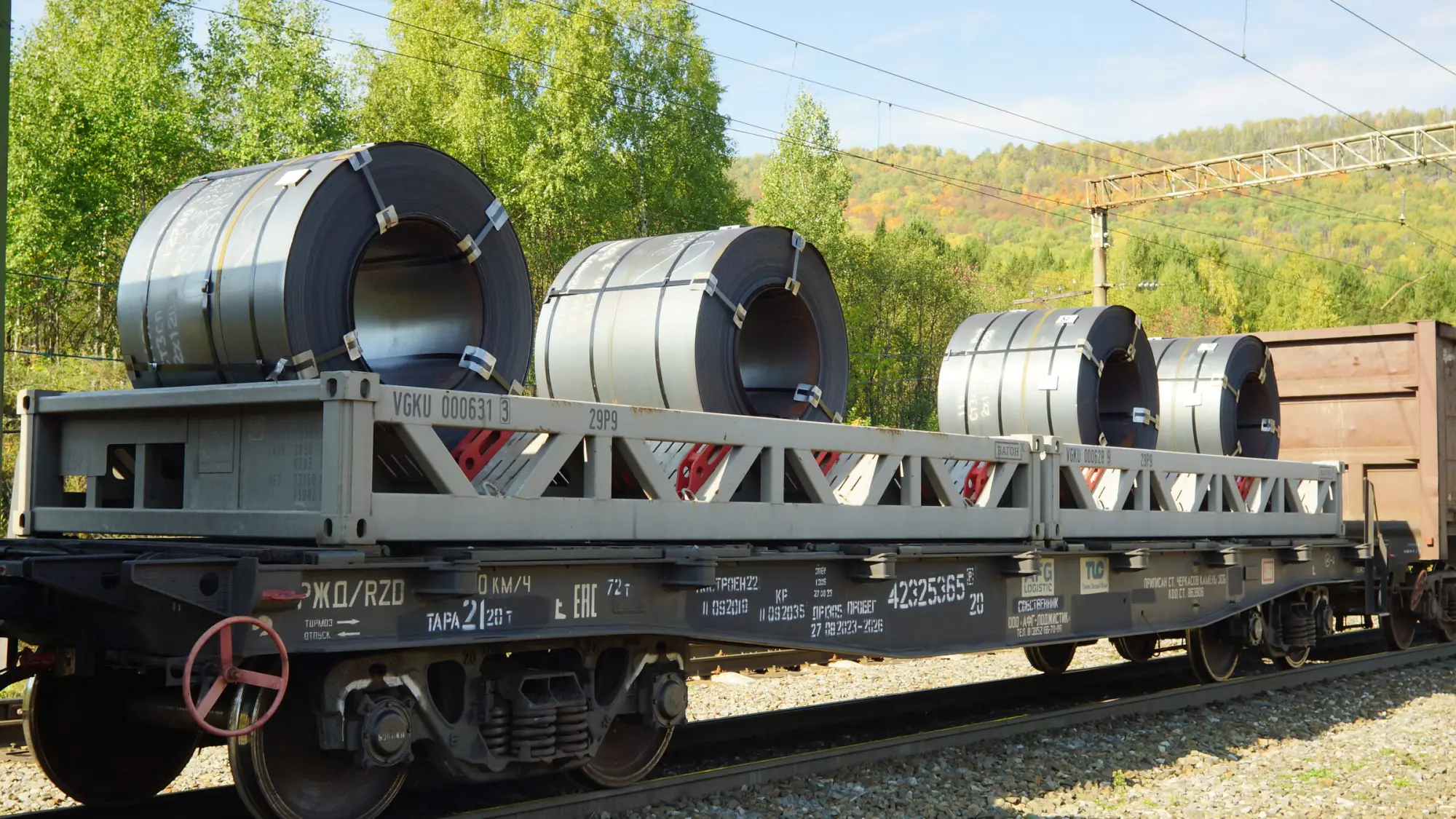 Steel coils secured on a rail flatcar for industrial shipment